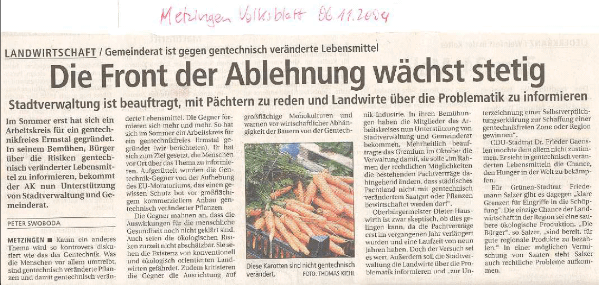 S�dwestpresse 2004.11.06: Metzingen Gentechnik-freie Zone